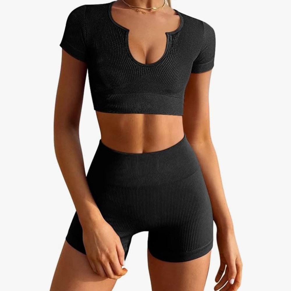 Black Ribbed Short Sleeve Crop Top and Shorts Set